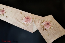 Pink raw silk scarf hand-embroidered with 3 chrysanthemums 36*200 cm